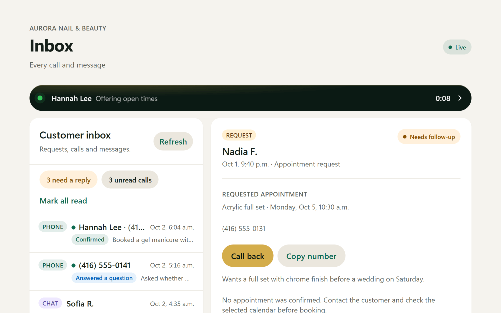 Glownomics AI receptionist inbox showing booked calls, answered questions and a request to call back