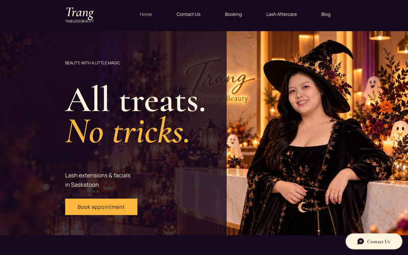 Trang chủ website Trang Timeless Beauty trên máy tính, với giao diện Halloween theo mùa