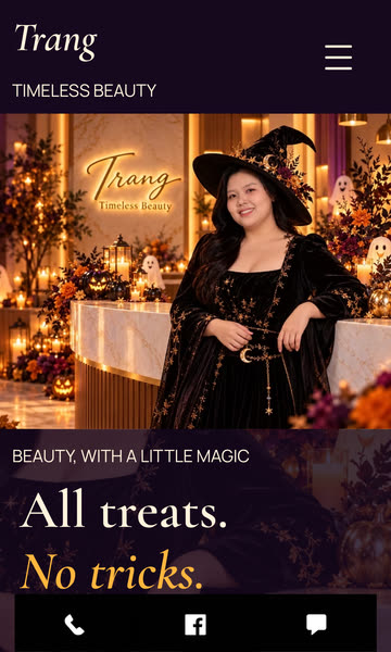 Website Trang Timeless Beauty trên điện thoại, giao diện Halloween